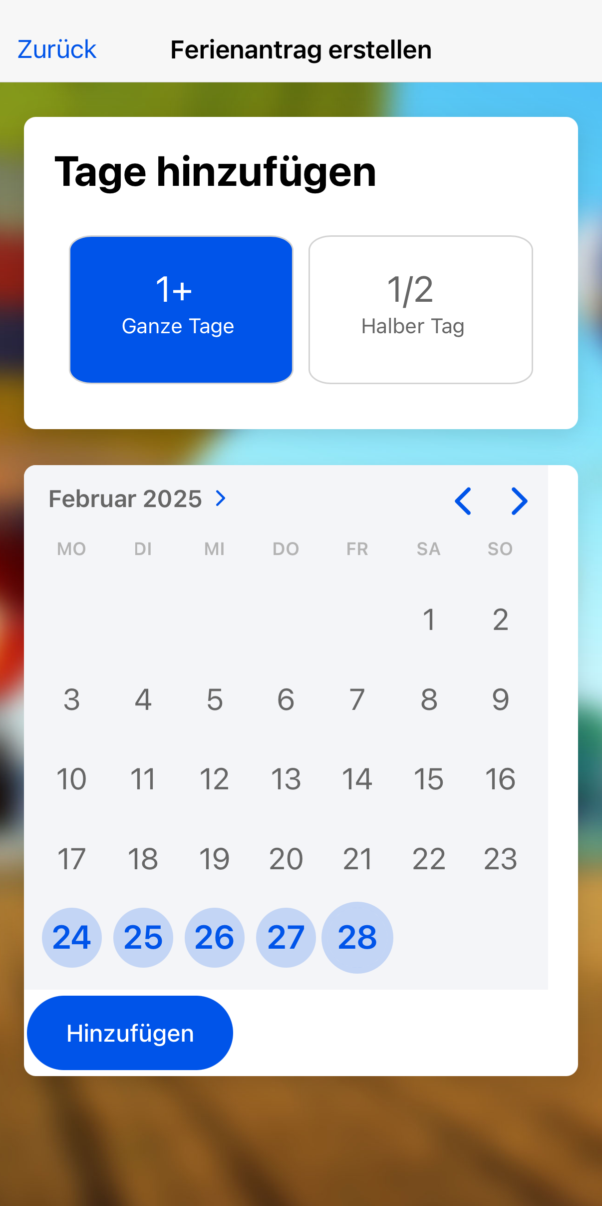 Beispiel, wie im Kalender Ferientage ausgewählt wurden