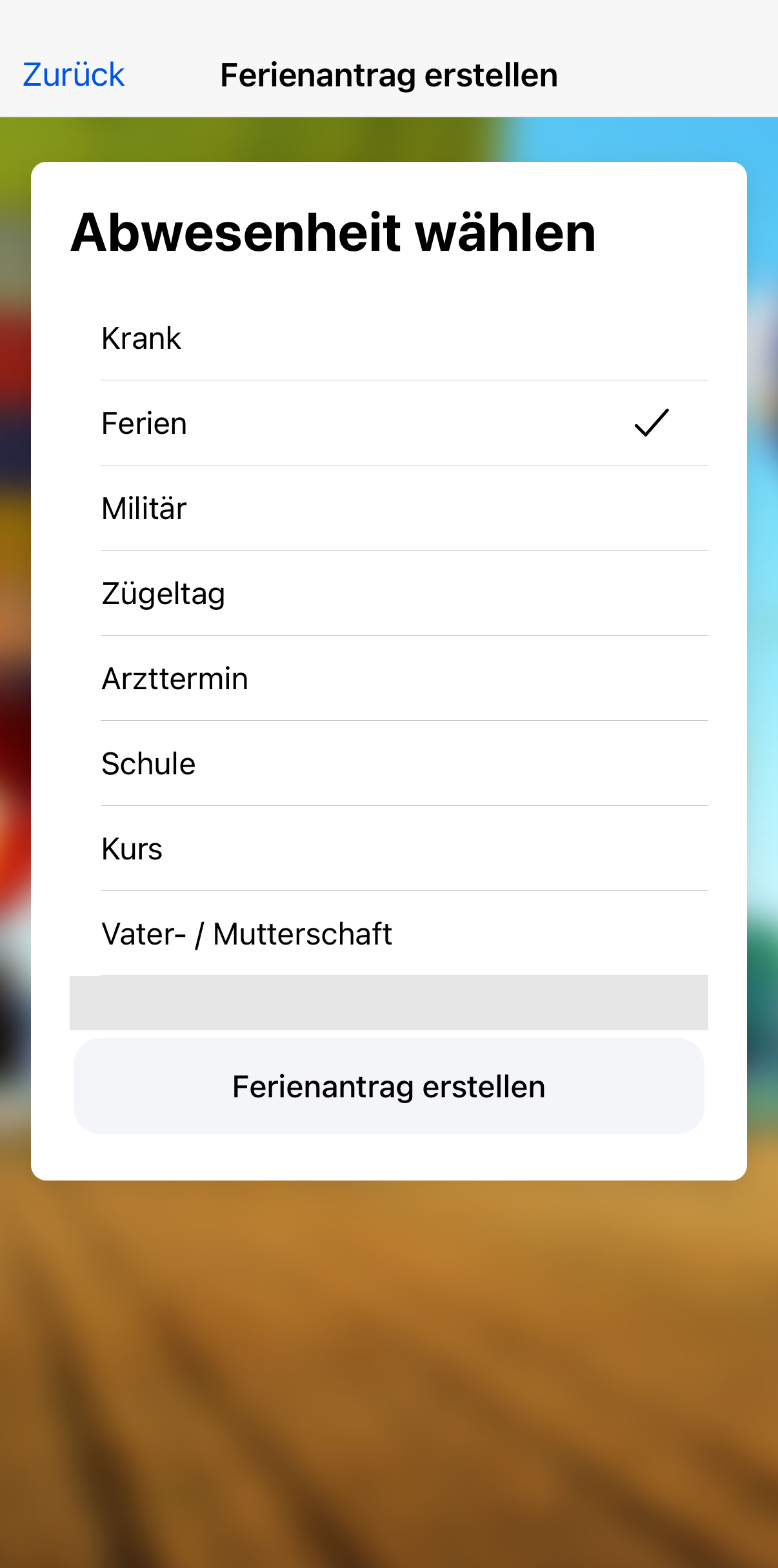 Beispiel zur Auswahl der Art der Abwesenheit