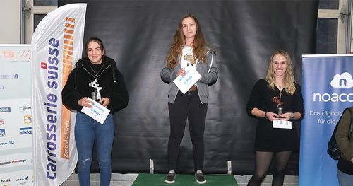 Drei junge Frauen auf dem Lackierer-Podest